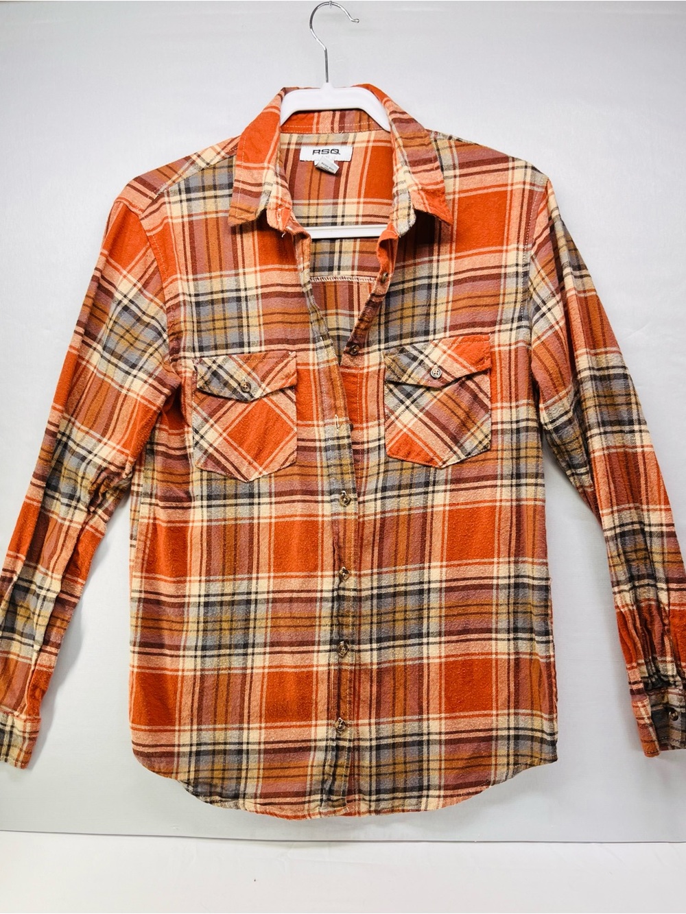 RSQ Women's Orange Plaid Button-Down Shirt